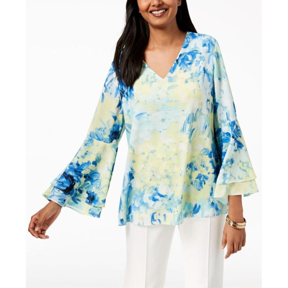 Alfani Printed V Neck Poet Sleeve Top